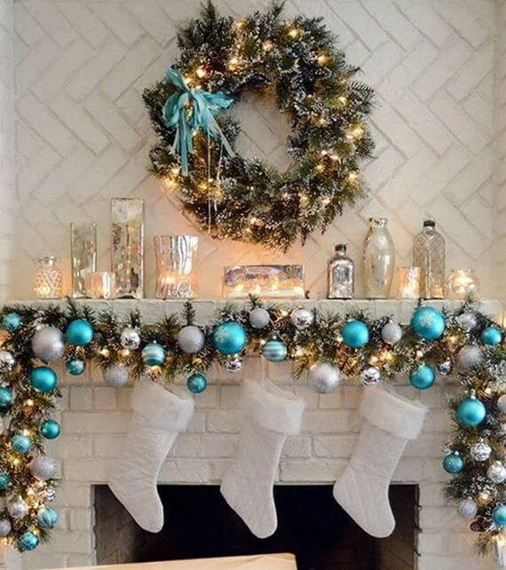 Fireplace Mantel Silver Blue Decoration