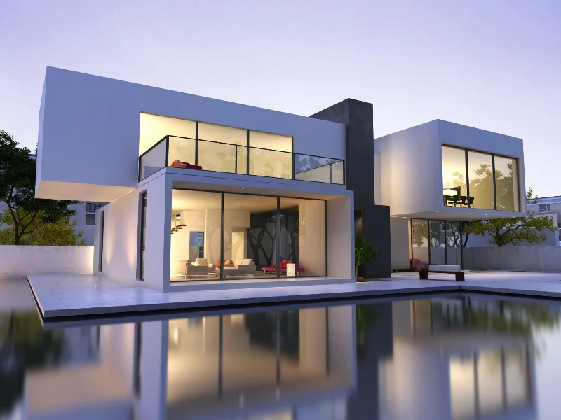 External view of a modern house with pool at dusk